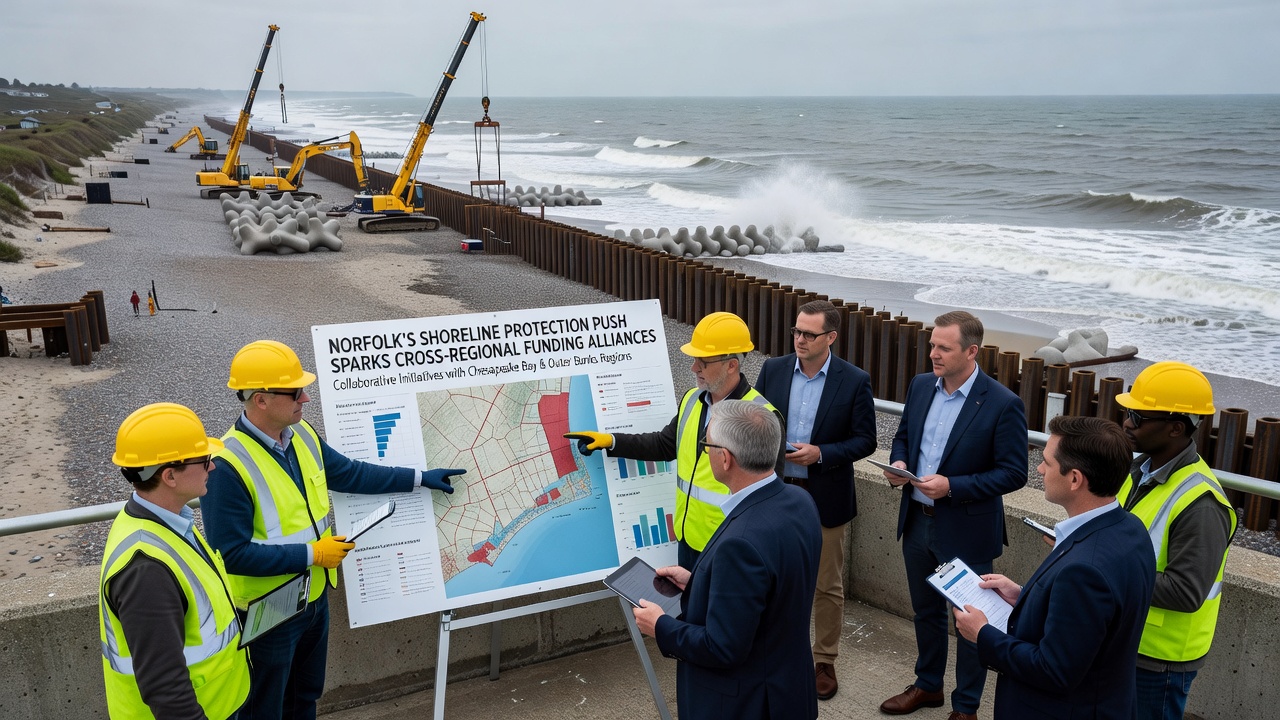 Stakeholders reviewing shoreline maps during a cross-regional funding alliance meeting in Norfolk